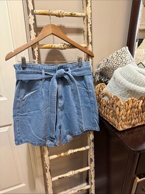 High-Rise Light Blue Tie-Belt Denim Shorts for Women